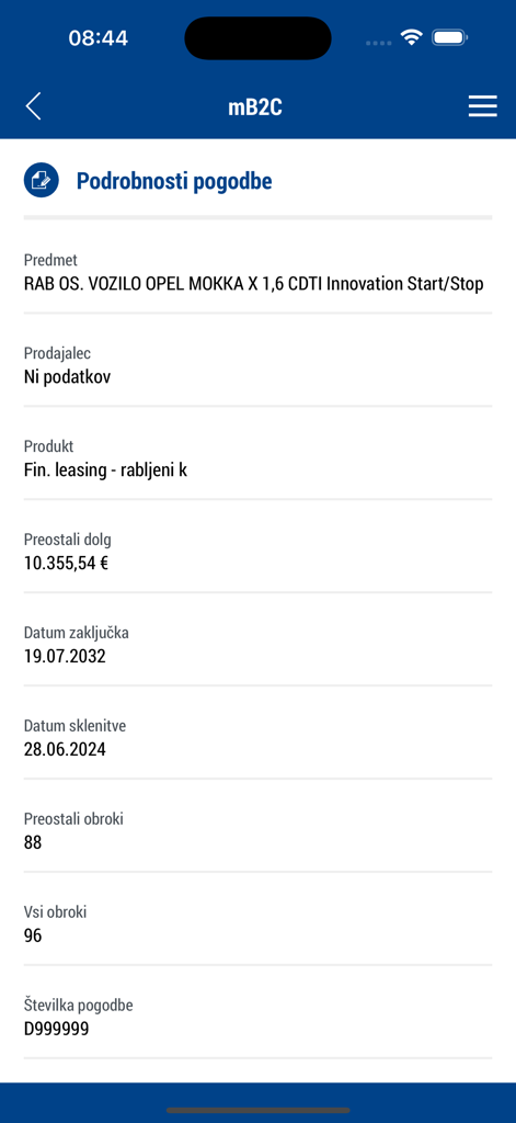 mB2C - Benutzeroberfläche der mB2C-App, die Details zum Fahrzeugleasingvertrag anzeigt, einschließlich Restschuld und Zahlungsplan