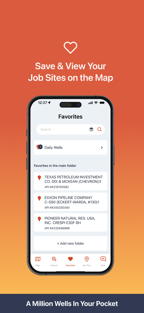 Wellsite Navigator - Wellsite Navigator mobile app favorites screen showing saved oilfield job sites with API numbers