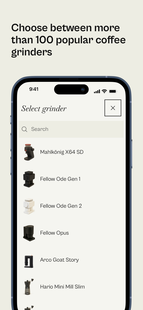 beean: brew your coffee right - Interfaz de la aplicación beean que muestra una selección de molinillos de café populares como Fellow Ode y Mahlkonig.