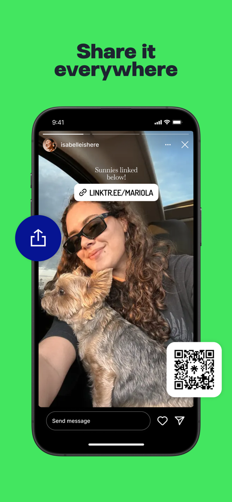 Linktree: Link in Bio Creator - Instagram 스토리의 Linktree 링크 스티커와 쉬운 공유를 위한 스캔 가능한 QR 코드를 보여주는 스마트폰