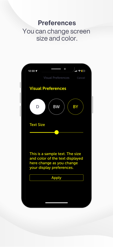 WeWALK app visual preferences screen with options for text size and high-contrast color modes.