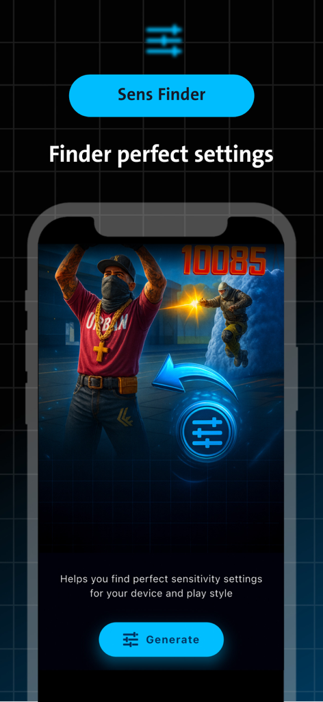 Sensitivity FFx Tool & ChatBot - Interface do aplicativo Ferramenta de Sensibilidade FFx mostrando o recurso Localizador de Sensibilidade com um botão de gerar e personagens de jogos