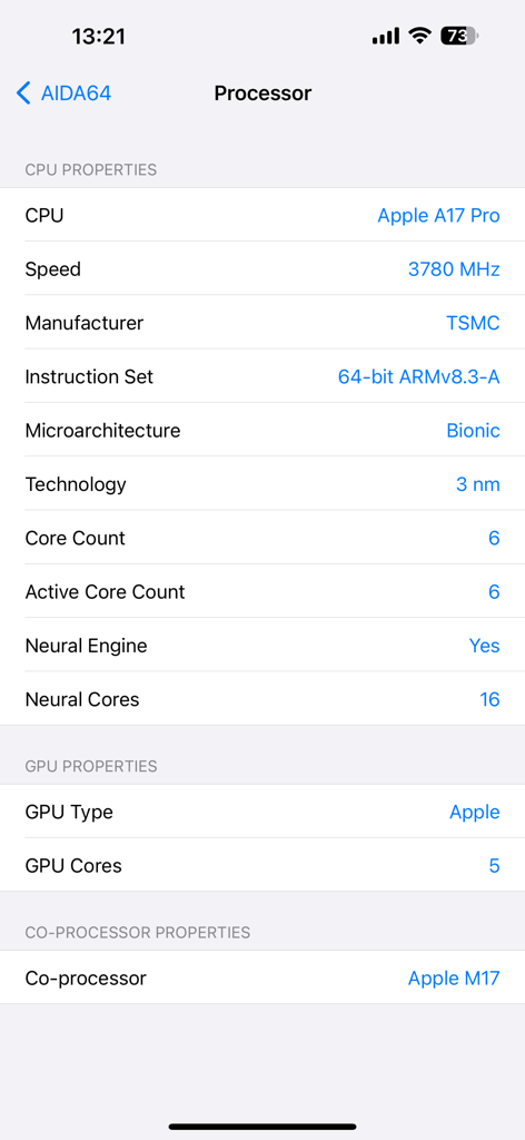 Detailed processor and GPU specifications in the AIDA64 iOS app