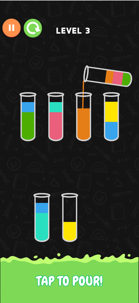 Bottle Sort: color magic sort - Una captura de pantalla del juego de Bottle Sort que muestra líquido de color vertiéndose entre tubos de ensayo de vidrio en el nivel 3.