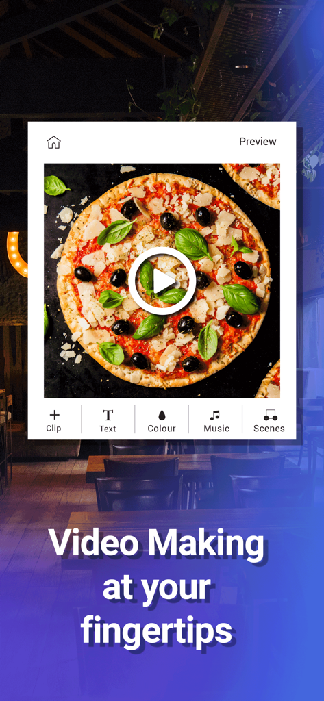 Captura de pantalla de la interfaz de la aplicación AVM que muestra una plantilla de vídeo de marketing de pizza siendo editada con herramientas para clips, texto, color, música y escenas