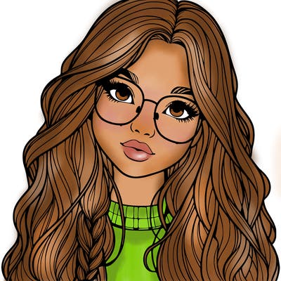 girl with long hair and freckles and glasses realistic