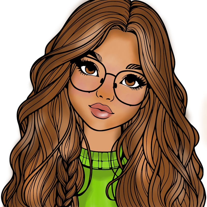 girl with long hair and freckles and glasses realistic