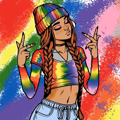 realistic teenage girl with braids and a beanie and crop top doing 🫶🏼