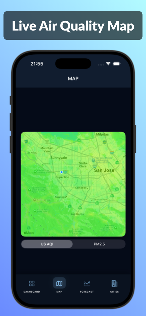 Air Quality Tracker: PureAir - A live air quality map of the San Jose area displayed on the PureAir mobile app interface.