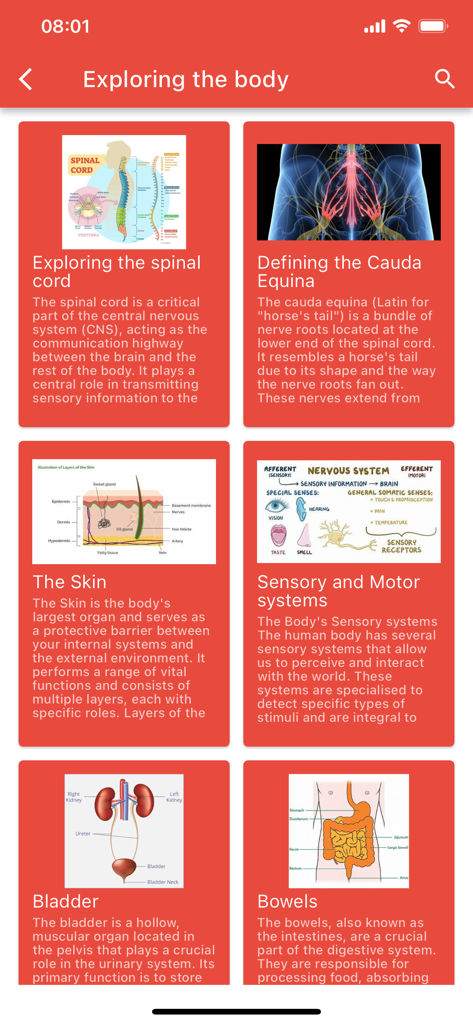 CaudaEquina - Anatomy educational cards in the CaudaEquina app explaining the spinal cord, cauda equina, bladder, and bowels.