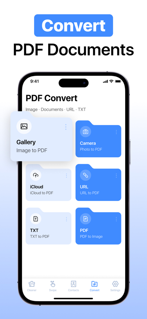 Cleaner: Phone Cleanup App - Interface of the Cleaner app showing multiple options to convert images and documents into PDF format