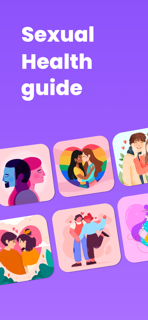 Pleasure: Sexual Wellbeing - Interfaz de la aplicación mostrando el texto Guía de Salud Sexual sobre ilustraciones diversas e inclusivas de parejas en un fondo morado.