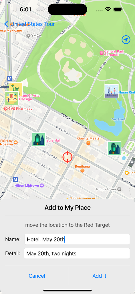 호텔 위치를 저장하기 위한 사용자 지정 위치 마커 양식이 있는 지도 앱 인터페이스
