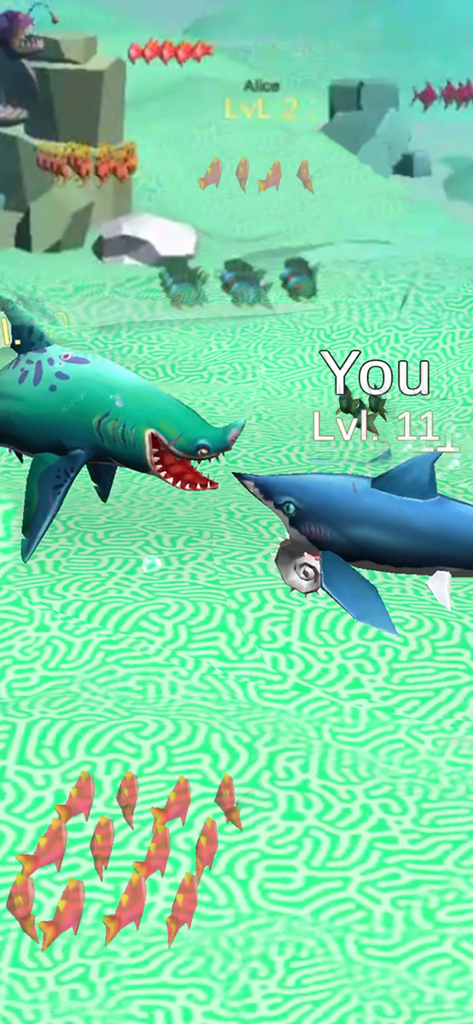 Shark Attack -Simulator games - Gameplay screenshot showing two sharks battling in an underwater simulation game