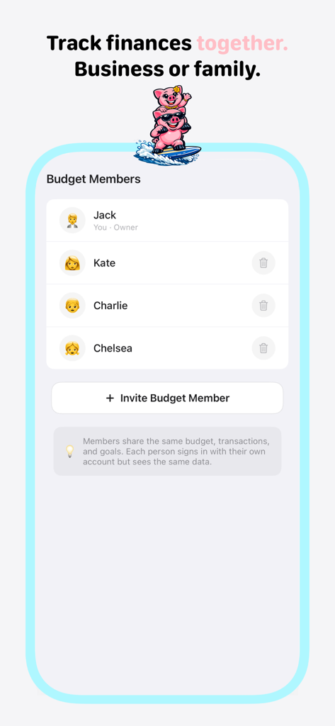 Flow: Simple Budget Tracker - Flow app screen showing a list of budget members for shared expense tracking