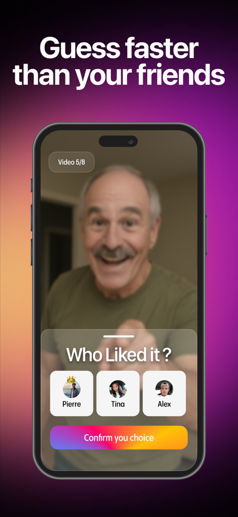 Smartphone displaying the WhoLiked app interface for guessing which friend liked a video