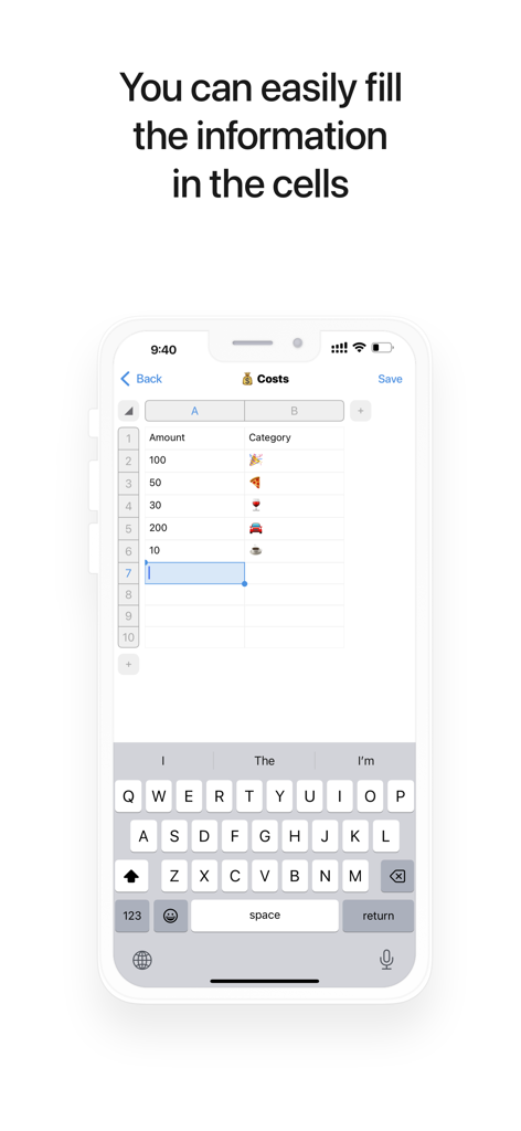 Tables. Just tables. - 金額と絵文字で表されたカテゴリの行を含む、コスト追跡のためのシンプルなテーブルを示すモバイルアプリ画面。