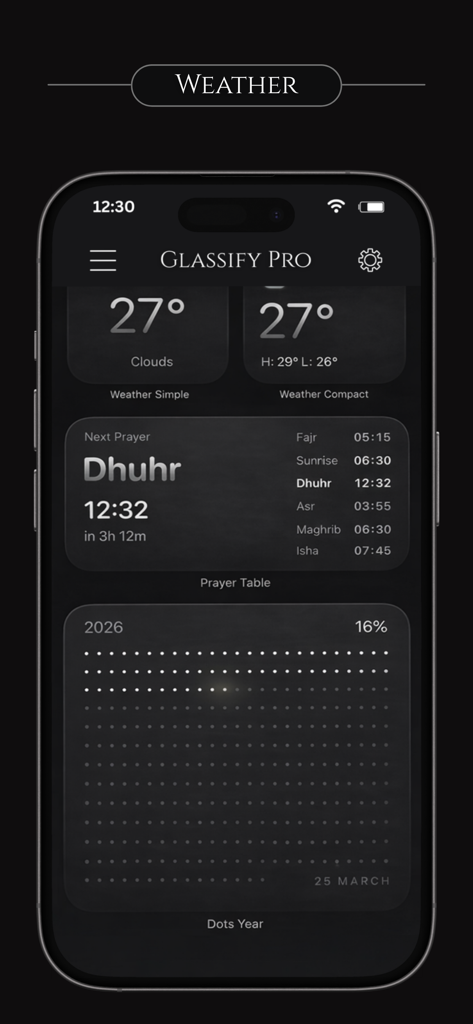 Glassify Pro Widgets and Theme - Interface do aplicativo Glassify Pro mostrando widgets de vidro escuro para clima e horários de oração