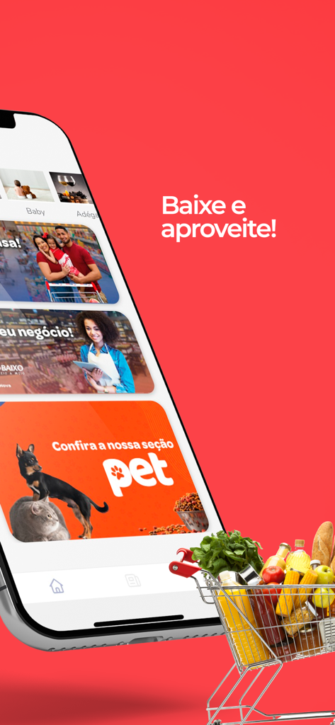 Meu PB - Meu PB mobile app interface showing grocery categories and a miniature shopping cart
