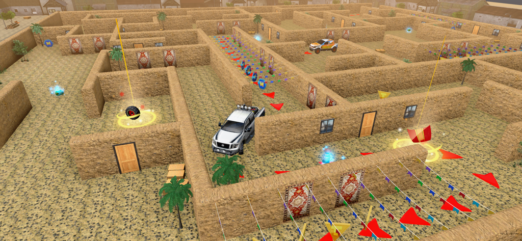Customs Restore Cars Garage 3D - A white pickup truck navigating a desert maze level in a 3D car restoration game