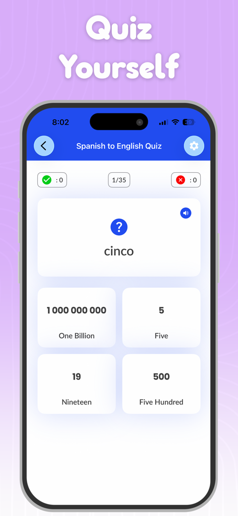 Spanish to English numbers quiz interface on a mobile app screen