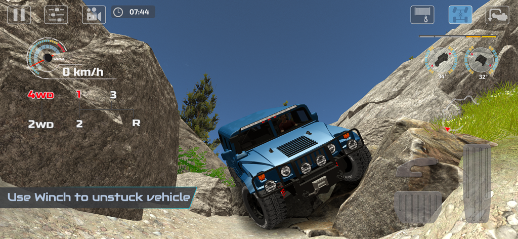 OffRoad Drive Pro - A blue 4x4 vehicle navigating steep rocky terrain with technical roll and pitch meters displayed in OffRoad Drive Pro