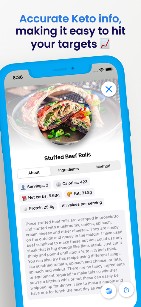 Keto Diet Recipes - A mobile screen showing nutritional information for a keto stuffed beef rolls recipe including net carbs and protein.