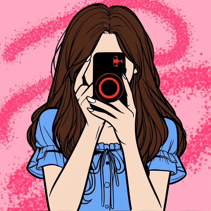 a realistic girl holding her phone taking pictures