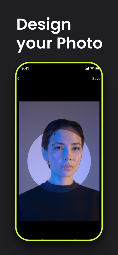 Interface de conception de photo de profil montrant un outil de recadrage circulaire sur un portrait