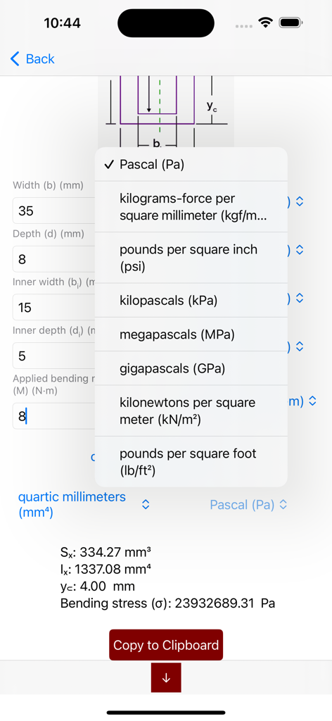 Beam Stress Calculator Beamer - Beam Stress Calculator Beamer app displaying a unit selection menu for stress measurements including Pascal psi and Megapascals