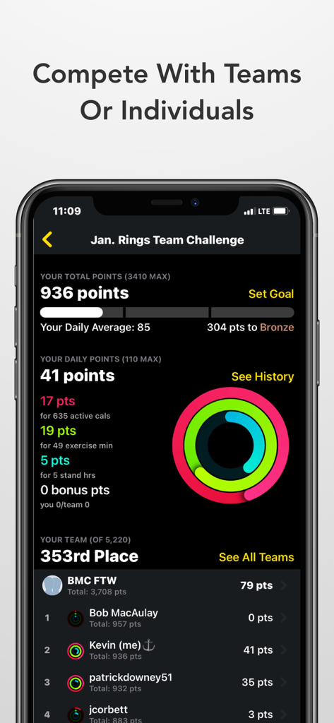 App-Oberfläche zeigt Fitness-Punkte des Teams und den Fortschritt der Aktivitätsringe an