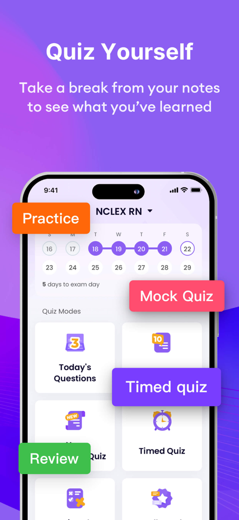 NCLEX® Exam Prep 2026 - Interface of the NCLEX Exam Prep 2026 app showing various quiz modes and study schedule