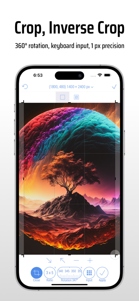 Interface of CropSize app on iPhone showing precise image cropping and rotation tools
