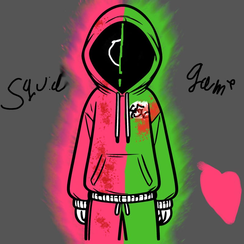 faceless girl in a tracksuit with a hood on and no hair