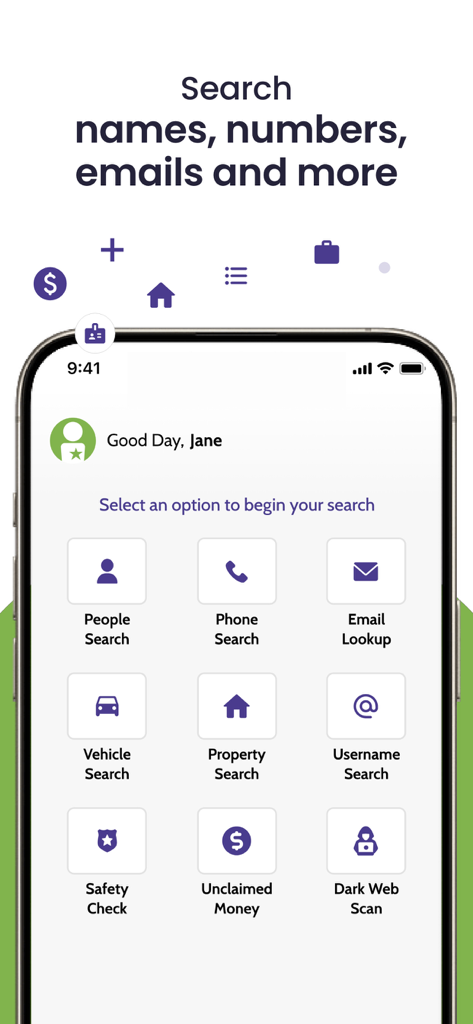 BeenVerified mobile app home screen showing search options for people phone numbers emails vehicles and property