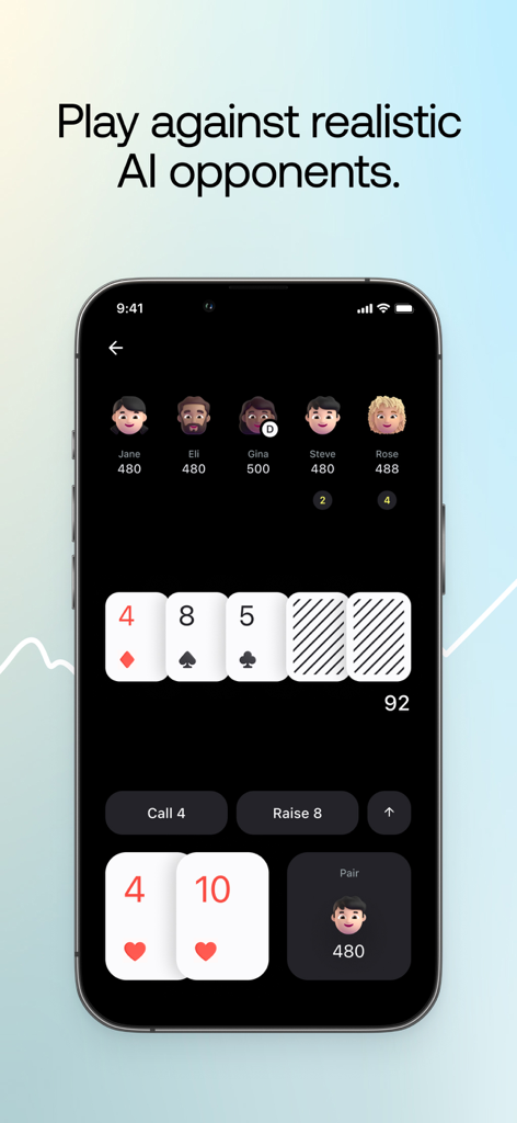 Una vista móvil del juego Offsuit Texas Holdem Poker contra oponentes de IA realistas que muestran las cartas comunitarias y las opciones del jugador.