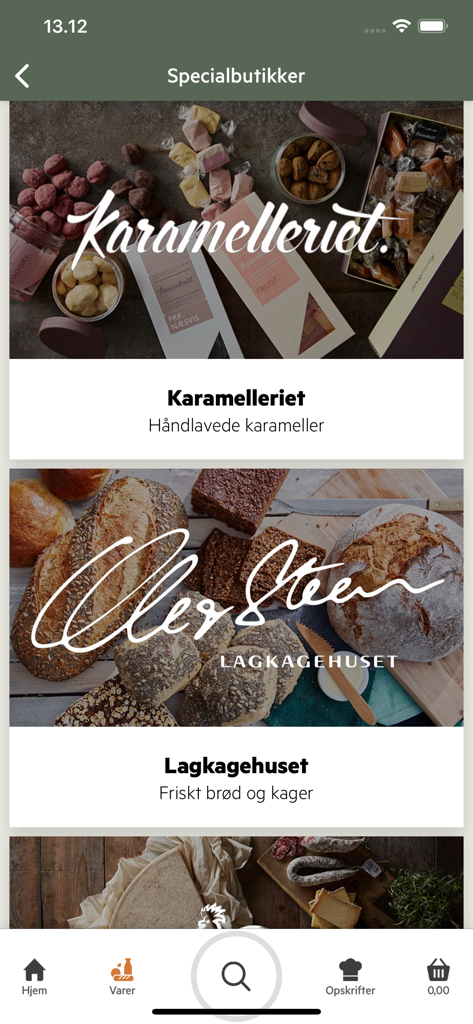 nemlig - Nemlig app interface displaying specialty boutique shops for handmade caramels and fresh bread from Lagkagehuset