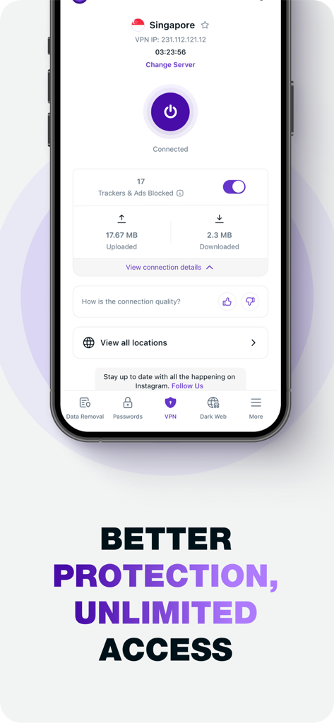 PureVPN: Fast and Secure VPN - PureVPN mobile app interface on an iPhone showing a secure connection to a Singapore server and blocked trackers count