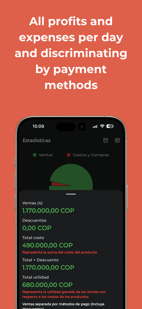 Una interfaz de app móvil mostrando ingresos por ventas diarias, gastos y ganancias totales para propietarios de pequeños negocios