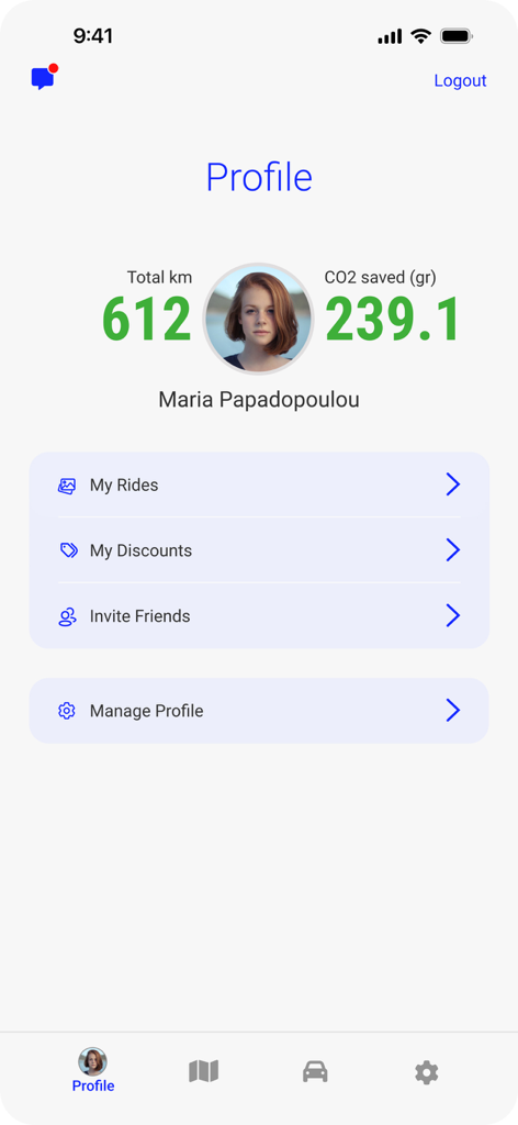 Caroo - Caroo app user profile screen displaying total kilometers driven and CO2 saved