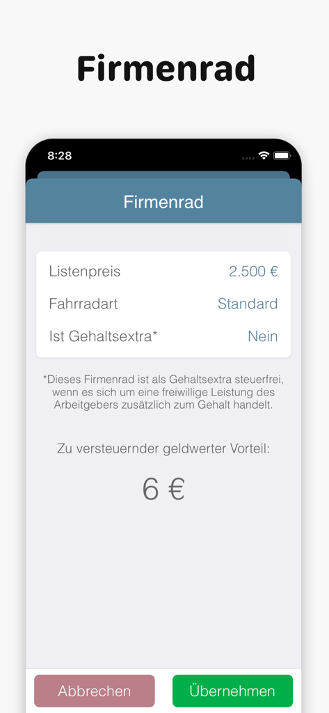 Bruno: Brutto Netto Rechner - Bruno-App-Benutzeroberfläche, die die Funktion zur Berechnung der Steuer für Dienstfahrräder zeigt