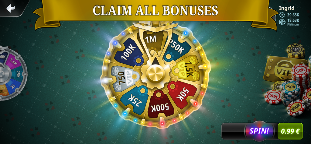 Ein goldenes Glücksrad in einem Blackjack-Casino-Spiel, das verschiedene Chip-Preise und VIP-Belohnungen zeigt