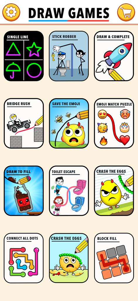 A grid display of various hypercasual drawing mini games and puzzle challenges