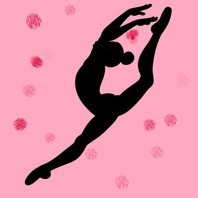 gymnast doing a leap in a leotard with a bent back leg