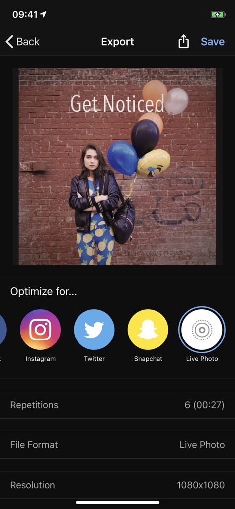 Export screen in Cinemagraph Pro app showing social media optimization options for Instagram and Twitter with resolution settings.