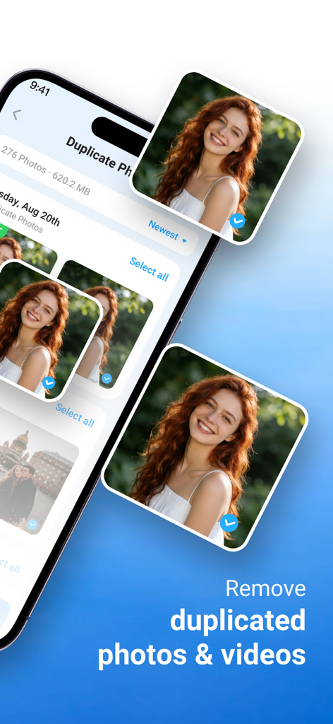 Interface of Phone Security app showing the feature to remove duplicate photos and videos to free up storage