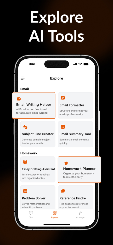 Grow AI app explore screen displaying various AI tools for email writing and homework planning