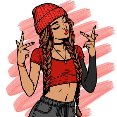 realistic teenage girl with braids and a beanie and crop top doing 🫶🏼