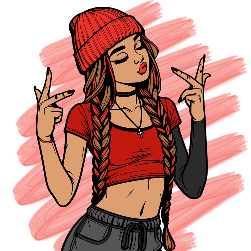 realistic teenage girl with braids and a beanie and crop top doing 🫶🏼