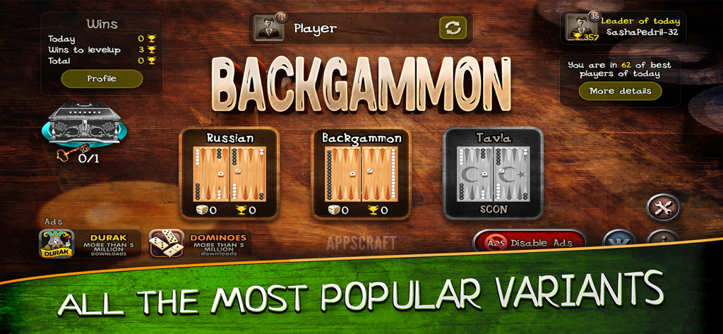 Backgammon (single game) - Pantalla de menú de la aplicación móvil de Backgammon que muestra variantes de juego populares como Ruso y Tavla sobre un fondo de madera
